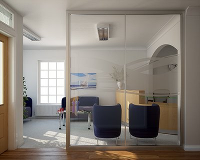 A photo-realistic 3d render of an office reception area, rendered using 3DS Max and V-Ray, created by 3drenders.co.uk